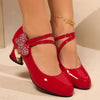 Women's Red Mary Jane Heels with Sparkling Bow & Rhinestone Accent — Chunky Block Heel, Round Toe, Synthetic Upper & Rubber Sole