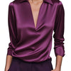 Silvery Satin V-Neck Blouse for Women, Long Sleeve Button-Front Satin Shirt, Elegant Smooth Finish