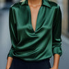 Silvery Satin V-Neck Blouse for Women, Long Sleeve Button-Front Satin Shirt, Elegant Smooth Finish