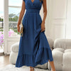 Navy Deep V A-Line Maxi Dress with Flutter Ruffle Sleeves & Elastic Waist — Elegant Vintage Women's Dress