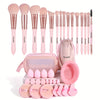 15-Piece Professional Makeup Brush Set with Velvet Travel Bag, 16 Sponge Puffs, 3 Remover Puffs, Brush Cleaning Bowl & Toiletry Bag