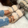 Women's Winter Slip-On Moccasins with Plush Faux Fur Lining and Rhinestone Embellishments, Fleece-Lined Flat Shoes with Rubber Sole