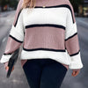 Plus-Size Striped Long Sleeve Knit Sweater – Halter Neck Color Block Pullover (Green, Black & White)