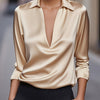 Silvery Satin V-Neck Blouse for Women, Long Sleeve Button-Front Satin Shirt, Elegant Smooth Finish