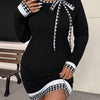 Plus Size Houndstooth Tunic Dress - Crew Neck Long Sleeve Bow Detail, Stretch Knit (95% Polyester, 5% Spandex)