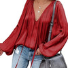 Women's Red V-Neck Long Sleeve Blouse — Elegant Office & Party Top, Machine Washable