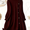 Plus Size Midi Sweater Dress High Neck Long Sleeve French-Style Twist Knit with Gold Buttons Soft Comfortable Fall Winter Party Evening