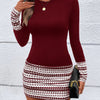Women's Geometric Bodycon Dress, Long Sleeve Crew Neck, Polyester Knit, All-Season, Plus Size