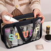 Large Transparent Makeup Organizer Bag with SURF Embroidery | Foldable Travel Cosmetic Pouch with Double-Handle Zipper
