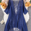 Plus Size Floral Embroidered Kimono Cardigan - Lace Trim Midi Cape, Long Sleeve Semi-Sheer