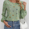 Women's Light Green Butterfly Print Blouse Long Sleeve Ruffle Crew Neck Top for Spring Summer Fall