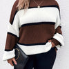 Plus-Size Striped Long Sleeve Knit Sweater – Halter Neck Color Block Pullover (Green, Black & White)