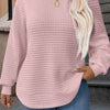 Plus Size Waffle Knit Black Sweatshirt - Lightweight Long Sleeve Round Neck Pullover for Women, Fall/Winter