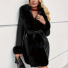 Women's Faux Fur-Trim PU Leather Hooded Coat with Belt - Warm Black Fall/Winter Jacket