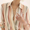 Women's Black & White Vertical Striped Button-Up Shirt — Lightweight Polyester Long Sleeve Collared Top
