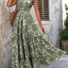 Green Floral V-Neck Maxi Dress, Cinched Waist A-Line with Short Batwing Sleeves — Glossy Polyester for Spring/Summer