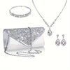 Women's Sequin Evening Clutch with Rhinestone Chain and Jewelry Set, Earrings Necklace & Bangle, Black Silver Grey