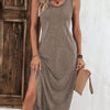 Women's Solid Crew Neck Tank Maxi Dress – Sleeveless Curved Hem Casual Bodycon for Spring and Summer