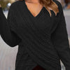 Plus Size Cable Knit Wrap V-Neck Sweater, Drop Shoulder Long Sleeve Pullover