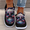 Women's Casual Black Slip-On Loafers with Colorful Skull Design, Breathable Non-Slip Round Toe Shoes with Elastic Laces, Lightweight EVA Sole