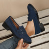 Women's Retro British Slip-On Loafers - Double Buckle, Chunky Heel, Round Toe, Non-Slip TPU Sole, Navy Blue