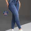 Women's Washed Blue Distressed Imitation Denim Jumbo Jeans - Stretch Skinny-Fit Tapered Leg, Machine Washable, All-Season