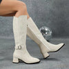 Embroidered Women's Knee-High Boots with Side Zipper, Golden Knight Block Heel Pointed Toe, Autumn/Winter