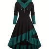 Women's Retro Hooded Midi Dress - Black & Teal Colorblock Long Sleeve Asymmetrical Hem, Fitted Knit, Machine Washable