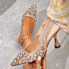 Women's Silver Pointed Toe D'Orsay High Heels - Rhinestone & Pearl Embellished Flare Heel Evening Pumps