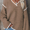 Women's Plus Size V-Neck Loose Fit Knit Sweater - Light Gray with Contrast Trim, Long Sleeve Pullover