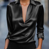 Silvery Satin V-Neck Blouse for Women, Long Sleeve Button-Front Satin Shirt, Elegant Smooth Finish