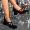Black Square Toe Chunky Heel Pumps for Women | Slip-Resistant Block Heels with Decorative Straps & Buckles