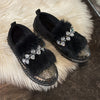 Women's Winter Slip-On Moccasins with Plush Faux Fur Lining and Rhinestone Embellishments, Fleece-Lined Flat Shoes with Rubber Sole