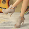 Women's Solid Stiletto Peep Toe Pumps with Back Zipper and Buckle Strap - Ultra High Heels