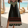 Plus Size Ethnic Boho Midi Dress with Side Slits, Short Sleeve Crew Neck Tunic for Spring & Summer