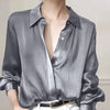 Women's Black Satin-Finish Button-Up Shirt, 100% Polyester Long Sleeve, Regular Fit, Machine Washable