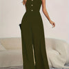 Women's Button-Detail V-Neck Cami Wide-Leg Jumpsuit – Sleeveless Casual for Spring & Summer