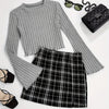 Women's Round Neck Bell Sleeve Top and Black and White Plaid Skirt Two-Piece Set