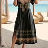 Plus Size Ethnic Boho Midi Dress with Side Slits, Short Sleeve Crew Neck Tunic for Spring & Summer