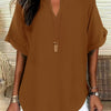 Plus Size V-Neck Blouse - Women's Short Sleeve Loose Batwing Top with Flared Hem, Stretchy Casual Shirt