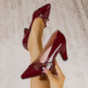 Glossy PU Red Chunky Heel Pumps - Women's Pointed Toe Cross Strap Dress Shoes for Parties & Formal Events