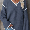 Women's Plus Size V-Neck Loose Fit Knit Sweater - Light Gray with Contrast Trim, Long Sleeve Pullover