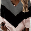 Plus Size V-Neck Color-Block Striped Pullover Sweater - Orange & Black Knit, Machine Washable, All-Season Casual