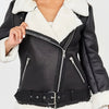 Women's Brown Faux Fur Motorcycle Jacket – Belted Zipper Jacket with Goldtone Hardware & Side Pockets