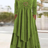 Green Long Sleeve Midi Dress with Heart Ring Detail, Asymmetrical Hem, Soft Knit Polyester