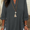 Plus Size Faux Denim Blouse with Decorative Buttons & Tassel Knot Front High-Low Hem Spring/Summer Polyester Blend