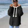 Women's Oversized Hooded Knit Sweater - Cozy Acrylic Pullover with Drawstring Hood, Long Sleeve, Black with Cream Accents