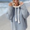 Women's Oversized Hooded Knit Sweater - Cozy Acrylic Pullover with Drawstring Hood, Long Sleeve, Black with Cream Accents