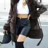 Women's Faux Fur-Lined PU Leather Jacket with Belt – Brown Casual Fall/Winter Coat with Front Pockets