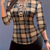 Plaid Drawstring V-Neck Blouse - Casual Long Sleeve Top for Women
